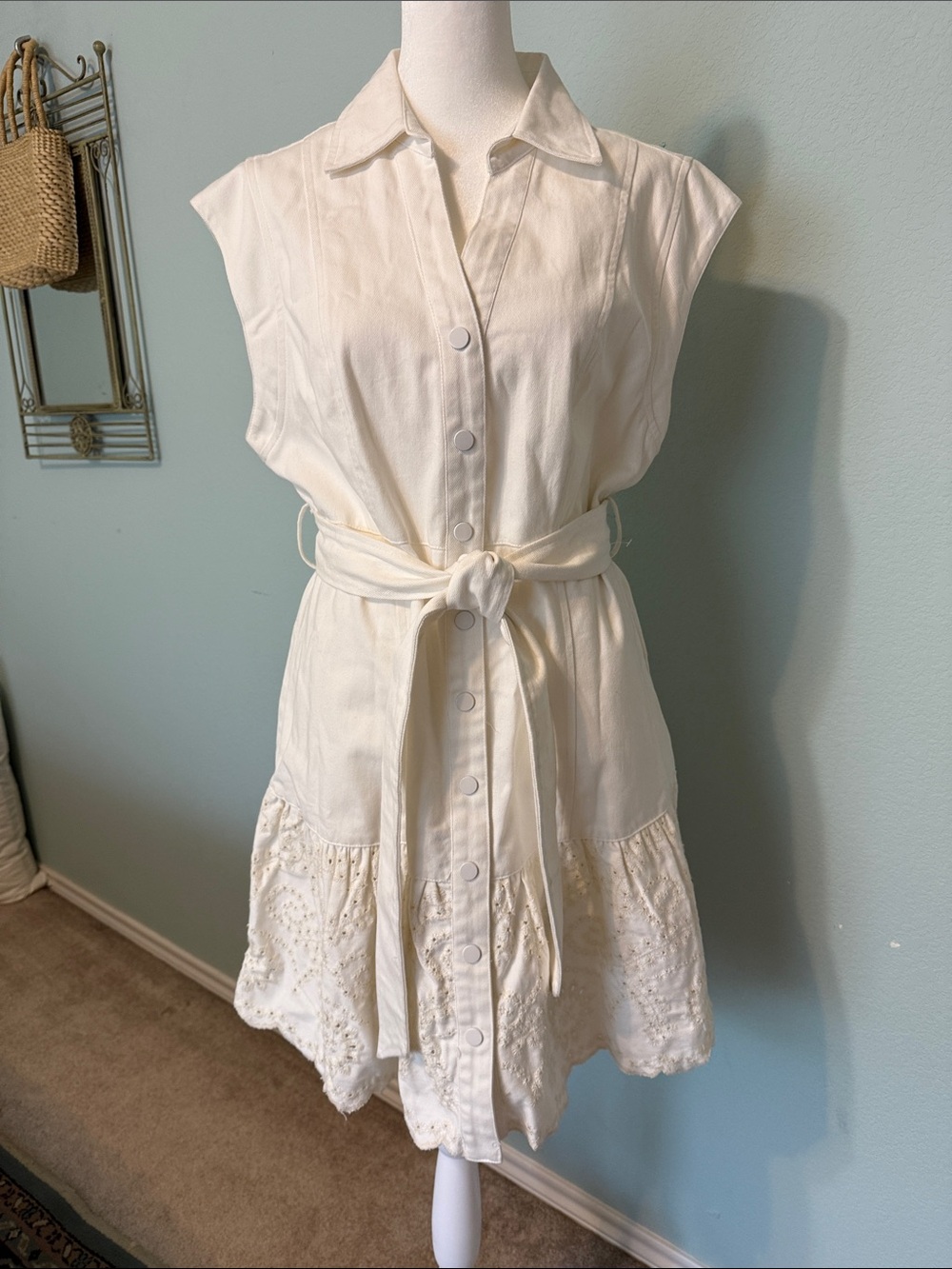 Solitaire Cream Denim Button-Front Tie-Waist Dress with Embroidered Hem
